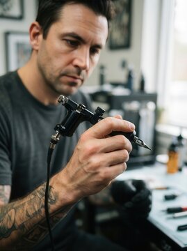 Tattoo artist meticulously prepares their precision machine