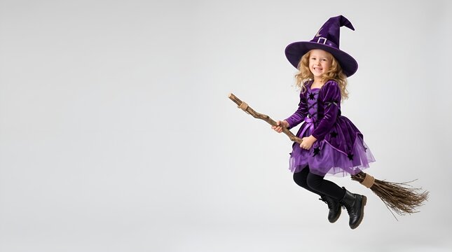 Little girl dressed as a cute witch flying on a broomstick for Halloween.