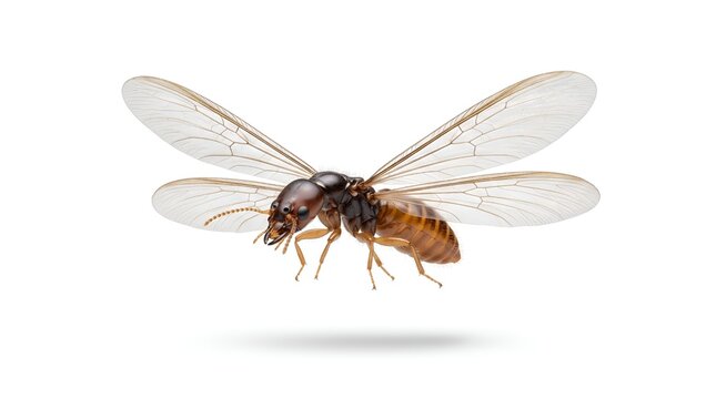 Macro shot of a winged termite isolated on a white background.