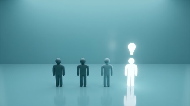 One bright person standing out from the crowd with a glowing idea bulb.