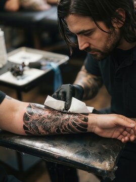 Tattoo artist meticulously wipes away excess ink from an intricate dragon forearm design