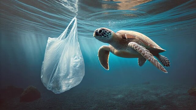 Video of sea turtle encounters drifting plastic waste underwater, emphasizing marine conservation and environmental responsibility.