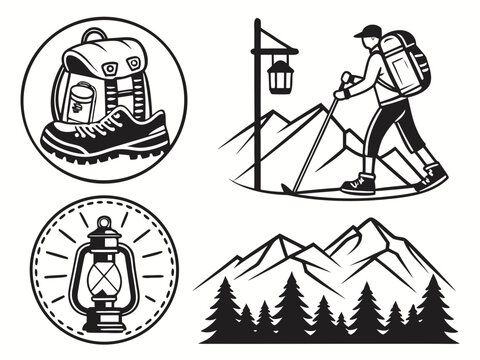 unique adventure emblems combining outdoor equipment such as hiking boots, trekking poles, backpacks, lanterns, and climbing gear with subtle mountain and forest landscapes. Maintain a unified black v