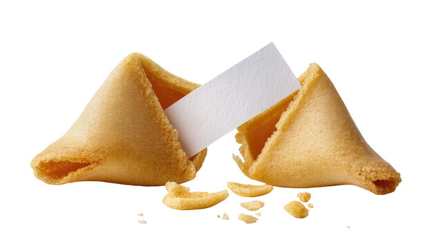 Two golden fortune cookies with blank paper slips, isolated on transparent background