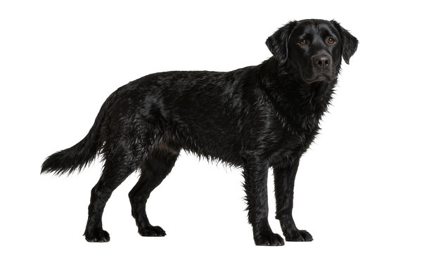 Wet black Labrador Retriever dog standing, isolated on transparent background