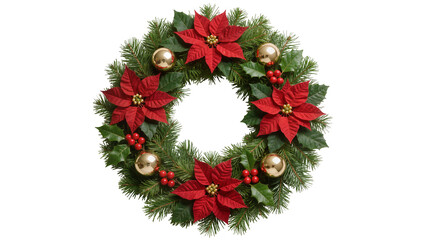 Christmas wreath with red poinsettias gold baubles and holly berries, isolated on transparent background © Aliona