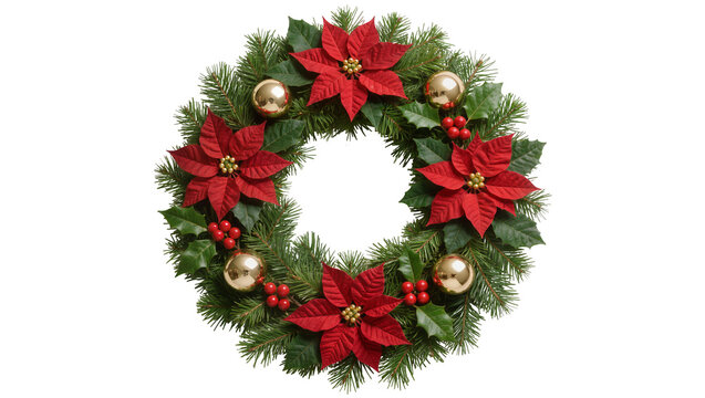 Christmas wreath with red poinsettias gold baubles and holly berries, isolated on transparent background