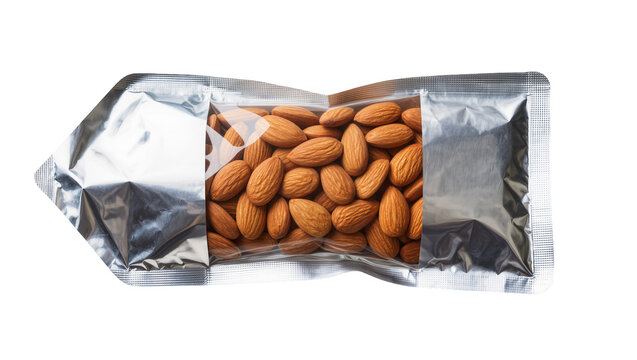 Shiny silver foil pouch filled with whole almonds, isolated on transparent background