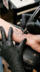 Fototapeta premium Tattooist Crafting Delicate Botanical Linework on a Clients Forearm in a Contemporary Studio Setting