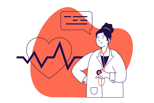 Heart health modern flat concept for web banner design. Cardiologist researching cardiac performances, monitoring patient pulse and blood pressure. Illustration with isolated people scene.