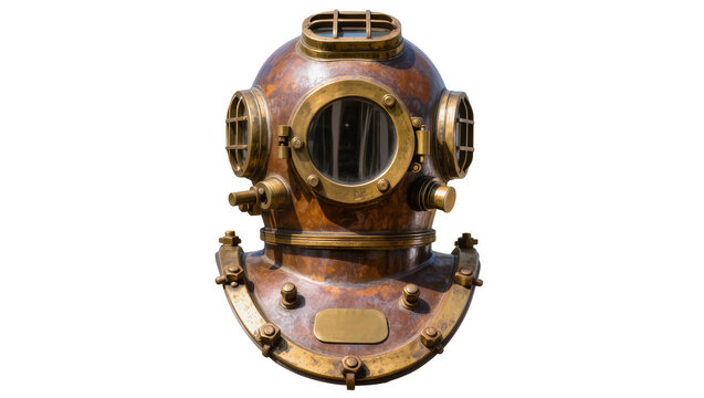 Antique copper diving helmet with brass accents, isolated on transparent background