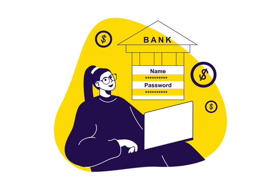 Online banking modern flat concept for web banner design. Woman managing her financial account balance, controlling budget, exchange money online. Illustration with isolated people scene.