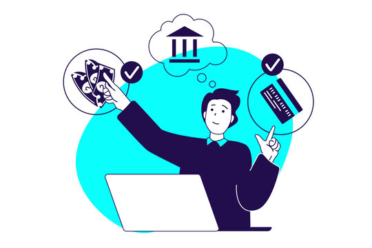 Online banking modern flat concept for web banner design. Man using bank services online, making digital transactions, exchange money, getting cash. Illustration with isolated people scene.