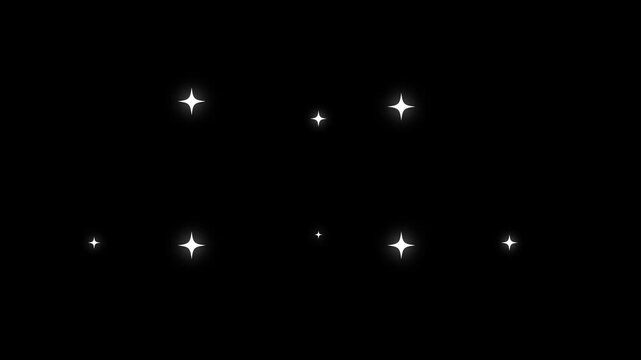 Sparkling glowing white doodle stars with glitter twinkle animation, flat vector blinking shine effect, magical festive overlay on transparent black screen background, seamless 4k