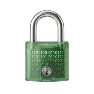 Green binary code padlock icon for cyber lock protection.