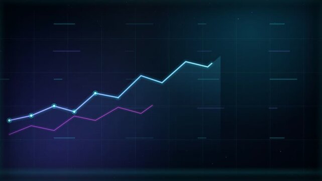 Growing line chart graph - business development competition concept animation. Hi tech style charts with grid. Camera movement with depth of field.