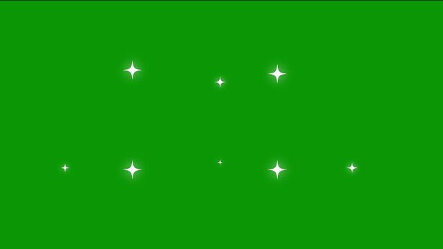 Sparkling glowing white doodle stars with glitter twinkle animation, flat vector blinking shine effect, magical festive overlay on transparent green screen background, seamless 4k