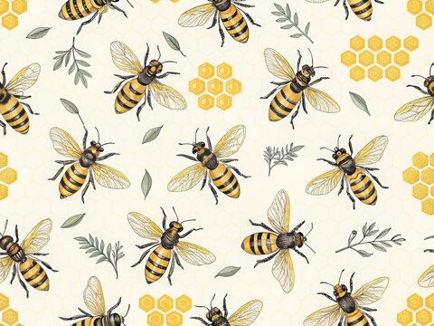 Colorful bees flying on floral background pattern