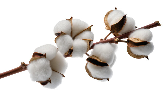Fluffy white cotton bolls on a brown branch, isolated on transparent background