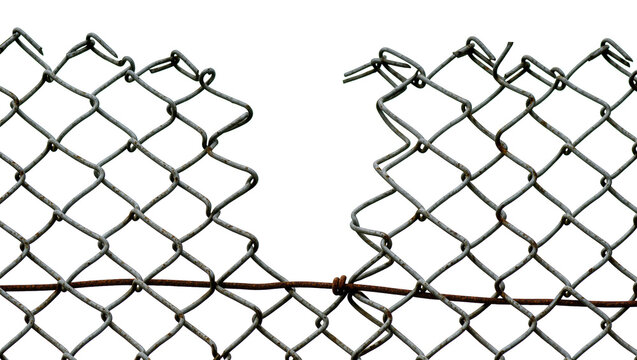 Torn chain-link fence with rusty wire, isolated on transparent background