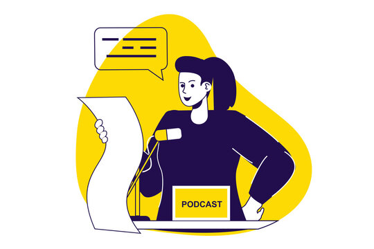 Podcast modern flat concept for web banner design. Woman talking in microphone at studio, reading lecture or speech, speaker making live streaming. Illustration with isolated people scene.