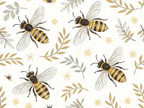 Four striped bees flying among green leaves