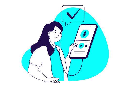 Podcast modern flat concept for web banner design. Woman in earphones listening live streaming or online audio show, following favorite broadcasting. Illustration with isolated people scene.