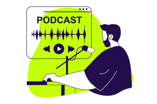 Podcast modern flat concept for web banner design. Man talking in microphone at studio, speaker making live streaming, audio show production in studio. Illustration with isolated people scene.