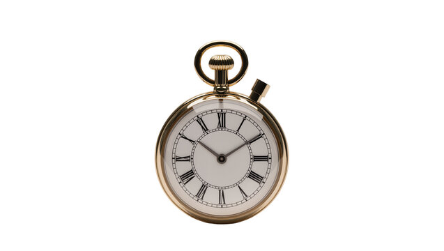 Antique gold pocket watch with Roman numerals, isolated on transparent background