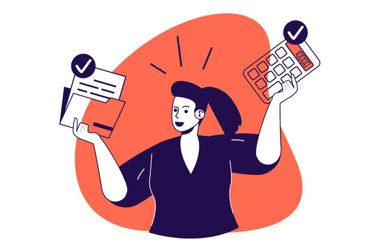 Productivity work modern flat concept for web banner design. Woman organizing workflow, accounting and paperwork, completing tasks to plan deadline. Illustration with isolated people scene.