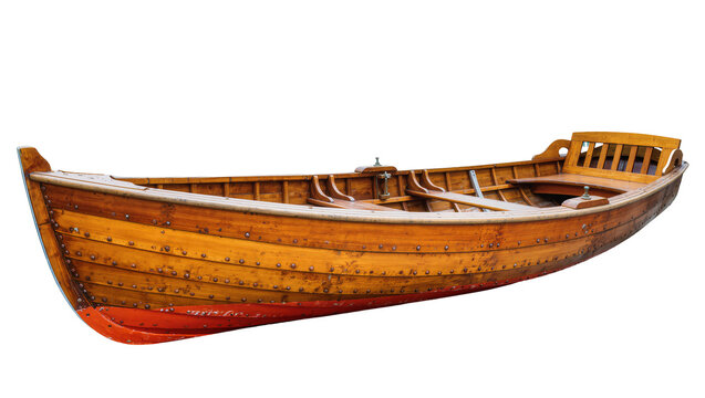 Wooden rowboat with riveted planks and red hull, isolated on transparent background