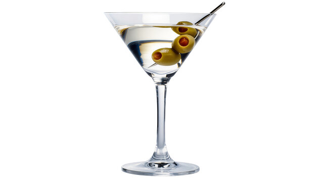 Clear martini cocktail with three green olives on a skewer, isolated on transparent background