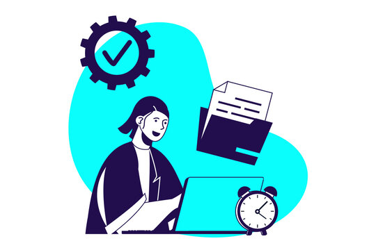 Productivity work modern flat concept for web banner design. Woman organizing workflow, doing paperwork, completing tasks to plan deadline at office. Illustration with isolated people scene.