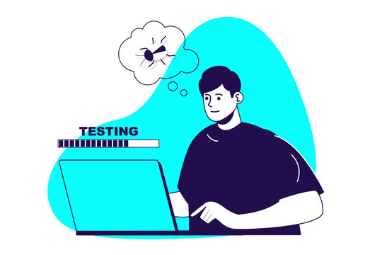 QA software testing modern flat concept for web banner design. Man inspecting programs finding bugs and defects in scripts, making quality reports. Illustration with isolated people scene.