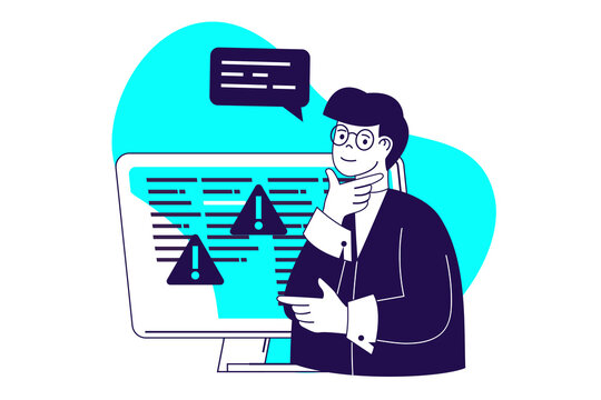 QA software testing modern flat concept for web banner design. Man inspecting program code and finding problems, making quality reports with solutions. Illustration with isolated people scene.