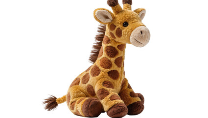 Plush giraffe toy with brown spots sitting, isolated on transparent background © Aliona
