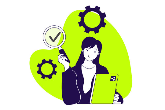 QA software testing modern flat concept for web banner design. Woman inspecting apps and fixing problems, troubleshooting with making optimizations. Illustration with isolated people scene.