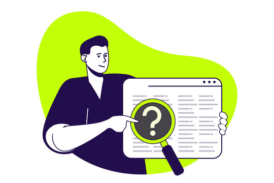 QA software testing modern flat concept for web banner design. Man magnifying and inspecting code, finding and fixing problems, tester troubleshooting. Illustration with isolated people scene.