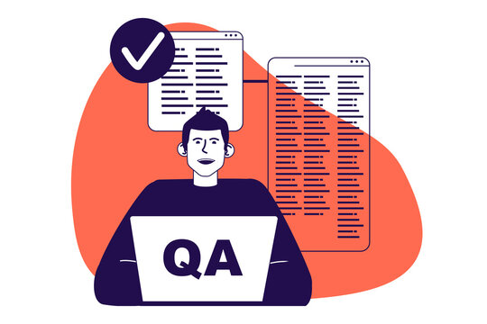 QA software testing modern flat concept for web banner design. Man analyzing programming code, finding and fixing problems, troubleshooting issues. Illustration with isolated people scene.