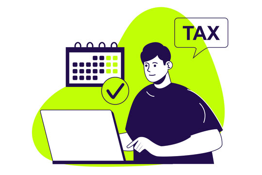 Tax declaration modern flat concept for web banner design. Man calculating earnings, planning taxation payments with calendar and paying financial bill. Illustration with isolated people scene.