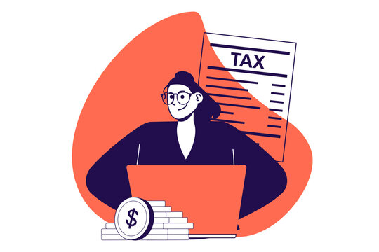 Tax declaration modern flat concept for web banner design. Woman calculating earnings and budget, planning payments and filling taxation online. Illustration with isolated people scene.