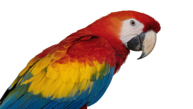 Vibrant scarlet macaw parrot with red yellow and blue plumage, isolated on transparent background