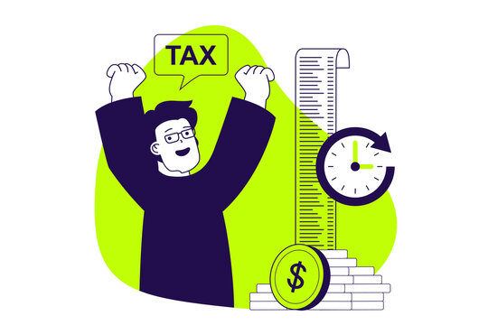 Tax declaration modern flat concept for web banner design. Man getting financial bills, calculating earnings, making taxation payments online to time. Illustration with isolated people scene.