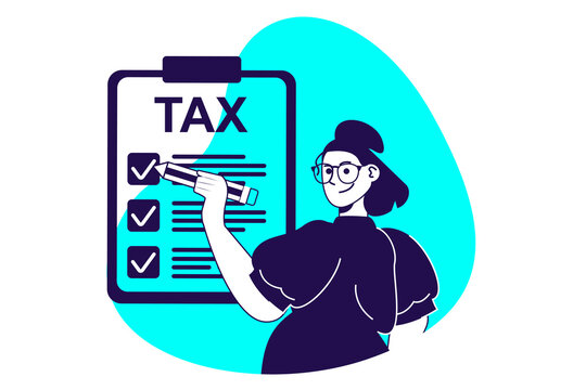 Tax declaration modern flat concept for web banner design. Woman calculating earnings and planning taxation payments in list, accounting and inspecting. Illustration with isolated people scene.