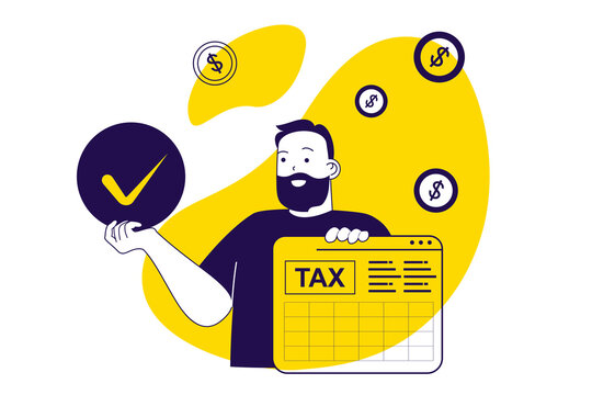 Tax declaration modern flat concept for web banner design. Man calculating earnings and accounting budget, planning timely payments with calendar. Illustration with isolated people scene.
