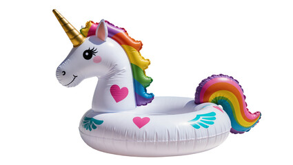 Inflatable white unicorn pool float with rainbow mane and tail, isolated on transparent background © Sorin