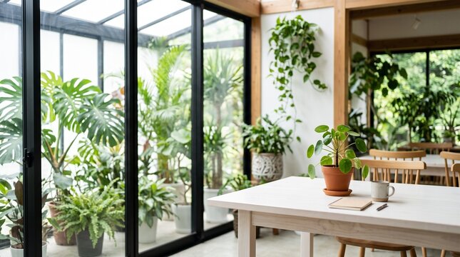 観葉植物に囲まれた明るいモダンリビング・ワークスペース・ナチュラルインテリア