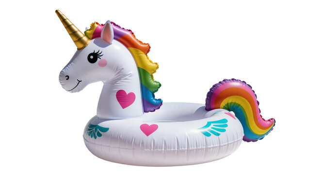 Inflatable white unicorn pool float with rainbow mane and tail, isolated on transparent background