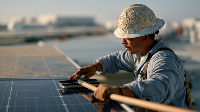 Solar panel cleaning technician reviews a hospital rooftop array before and after maintenance, Balinese offering-inspired floral pattern pressed into the worker's safety helmet as