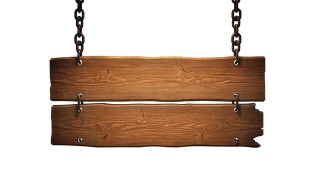 Two rustic wooden planks hanging from dark metal chains, isolated on transparent background